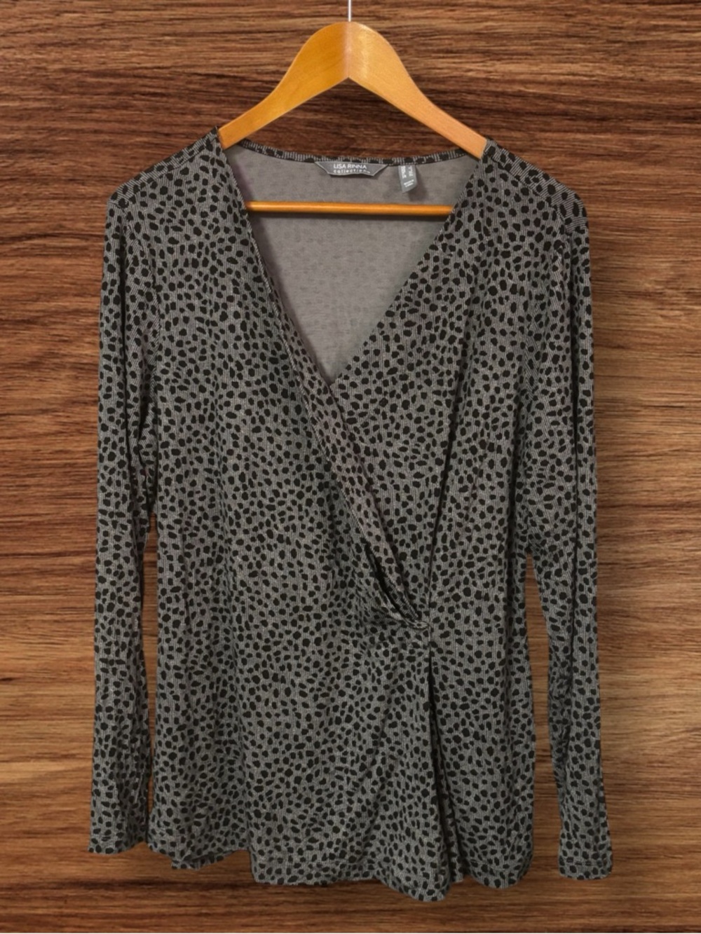 Lisa Rinna Collection Grey & Black Animal Print Wrap Style V-Neck Top